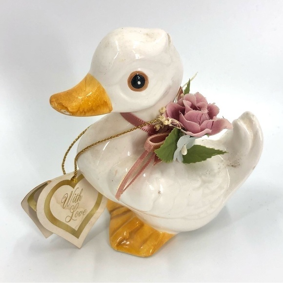 Vintage Lefton Duck Duckling Figurine Flower With Original Tag - Picture 1 of 7